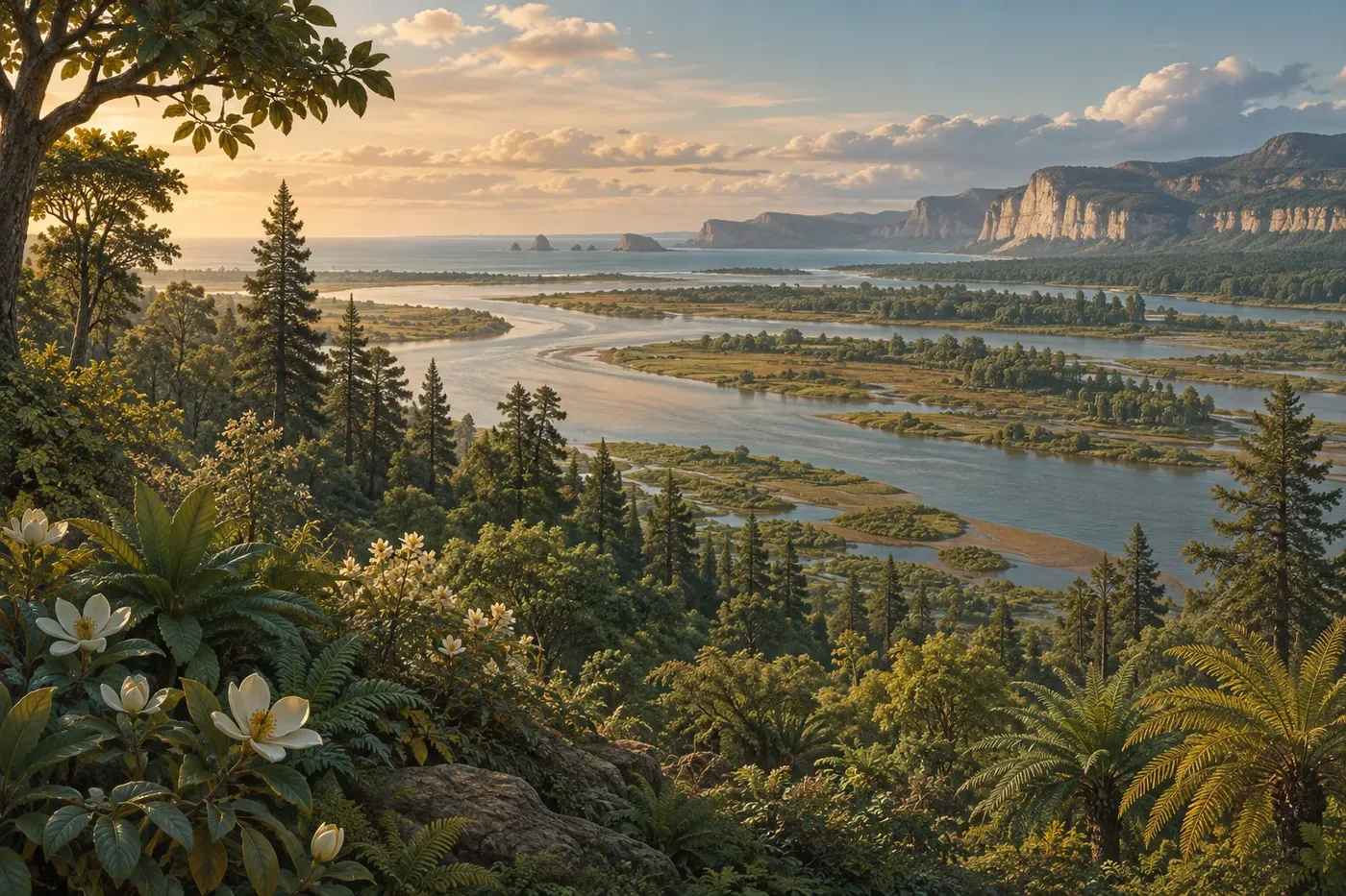 Stylized cretaceous period paleo-landscape illustration