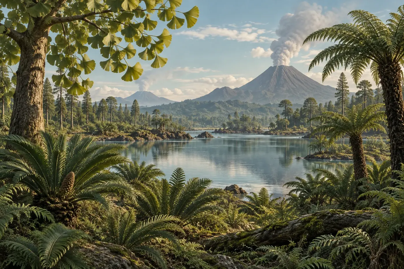 Stylized jurassic period paleo-landscape illustration