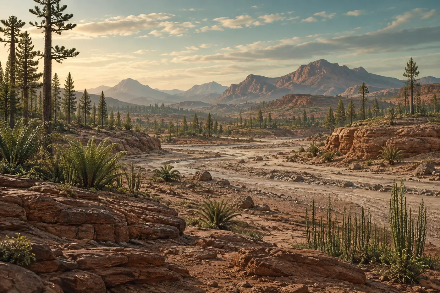 Stylized triassic period paleo-landscape illustration